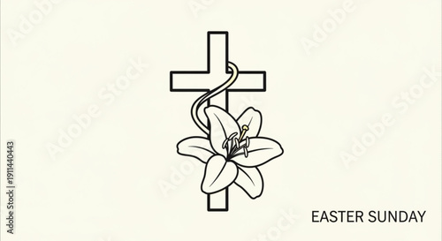 Easter sunday symbol with cross and lily flower on beige background