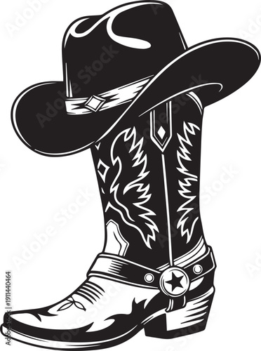 Cowboy Hat And Boot T-Shirt Design Silhouette vector black on a white background