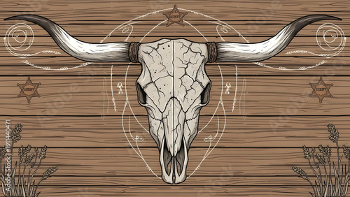 A weathered animal skull with large horns mounted on a wooden plank background