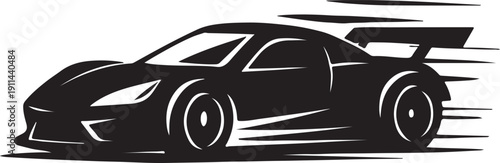 High-speed racing car silhouette in dynamic motion, aerodynamic body, sharp speed lines, aggressive race stance, flowing curves, sporty vehicle outline, black vector silhouette.