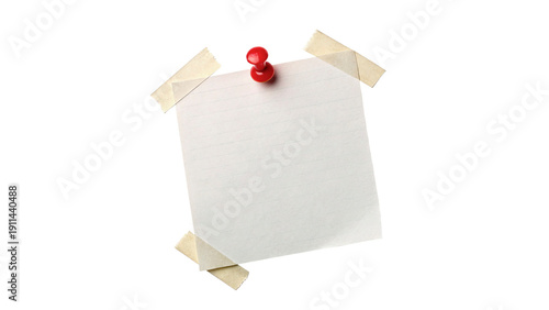 Blank paper pinned to a wall with red thumbtack and tape isolated on transparent background cut out