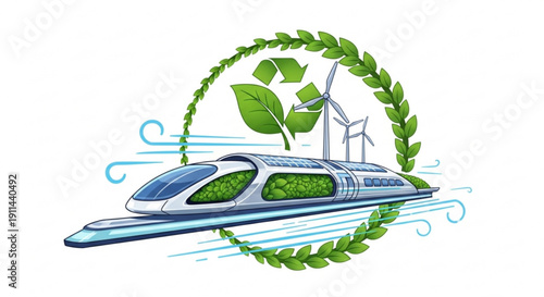 Sustainable transportation concept with futuristic train surrounded by eco friendly elements and wind turbines in a green wreath