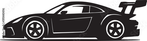 High-performance track car silhouette in clean side profile view, aerodynamic racing body, sleek sporty outline, professional motorsport vector, minimal black silhouette, isolated background.