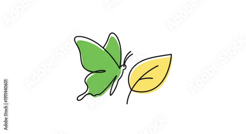 Green butterfly and yellow leaf illustration nature symbol eco friendly concept simple line art
