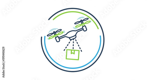 Drone dropping package with green box symbolizing delivery and logistics concept