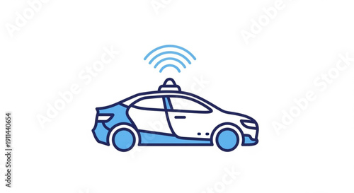 Autonomous taxi car with wi fi signal driving on road with blue waves symbol on top for connectivity