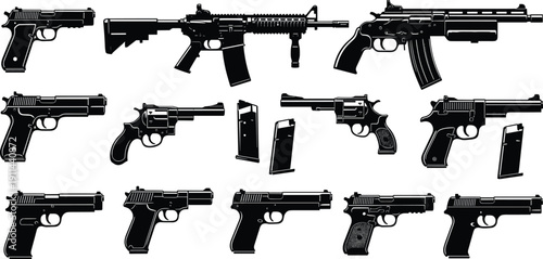 Comprehensive collection of fifteen black silhouette of various firearms including handguns, revolvers, and assault rifles