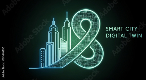 Neon cityscape with infinity loop symbol and smart city digital twin text on dark background
