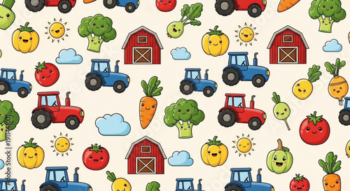 Colorful farm pattern with cartoon tractors barns vegetables and fruits on beige background