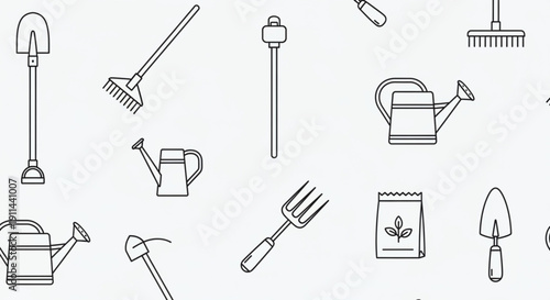 Gardening tools icons set including shovel rake watering can fertilizer bag and fork on white background for landscaping and planting activities