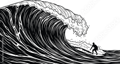 Surfer Riding Massive Ocean Wave Silhouette Black and White Vector Illustration for Extreme Sports Surfing Lifestyle and Tropical Beach Travel Designs