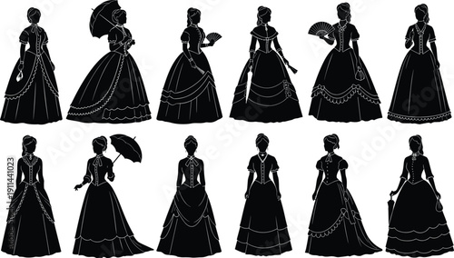 Victorian women silhouette collection, elegant 19th century ladies in vintage dresses illustration set, historical fashion figures isolated in black