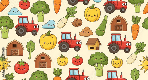 Farm themed pattern with cartoon tractors barns and various vegetables on beige background