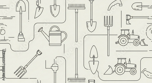 Gardening tools and tractor icons in a seamless pattern on a beige background for landscaping and agriculture concepts