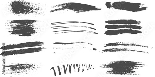 Grey Textured Brush Stroke with Splatters on White Background, Abstract Grunge Effect with Black Brushstroke.