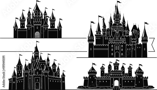 Four detailed black silhouette fairytale castles with flags and towers, storybook or fantasy-themed