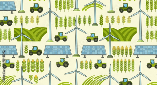 Renewable energy farm with wind turbines tractors solar panels and green crops on a sunny day