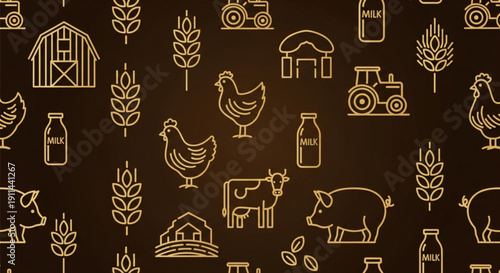 Farm icons and symbols on dark background with golden outlines agriculture and rural life concepts