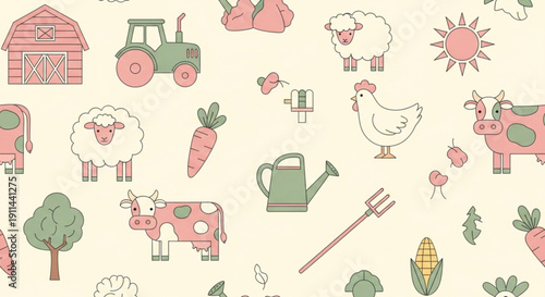 Farm animals and tools on a rustic background with tractor barn and gardening equipment illustrating rural life and agriculture