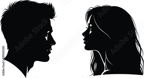 Black silhouette profile portraits of a man and a woman facing each other conveying a sense of connection or contemplation in a minimalist style