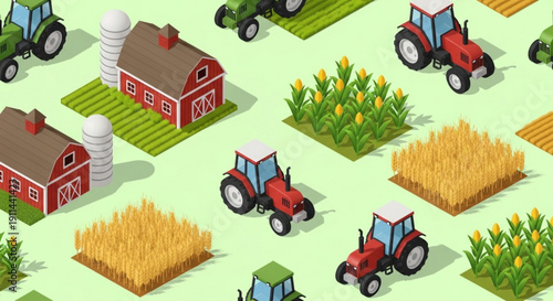 Farm scene with tractors barns and crops on green background agricultural landscape illustration