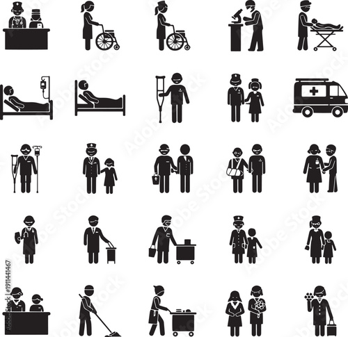 Elderly care and nursing home patient icons for healthcare projects
