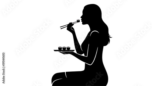 Silhouette of a person eating sushi with chopsticks on a white background