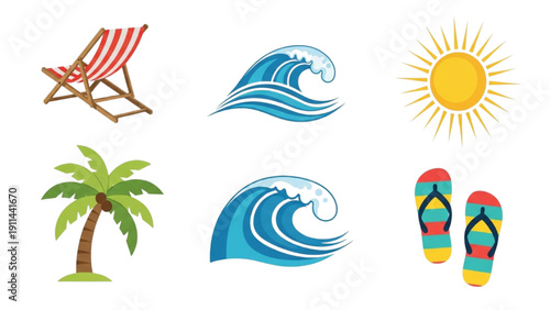 Essential summer holiday elements captured in a delightful set of vibrant beach and vacation themed graphic icons