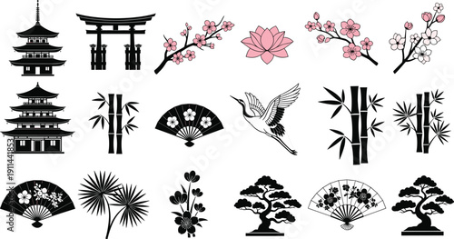 Collection of traditional Japanese cultural including pagodas torii gates cherry blossoms lotus flowers cranes bamboo and fans