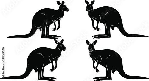 Four black silhouette kangaroos in a symmetrical arrangement on a white background showcasing their iconic marsupial forms and powerful stances