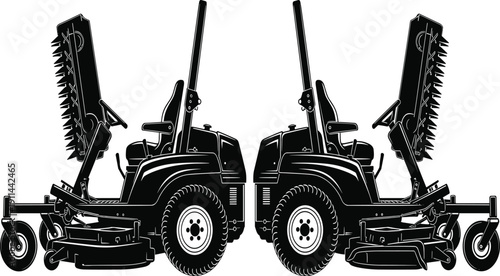 Two identical black and white silhouettes of a zero-turn lawn mower with raised cutting decks and seats