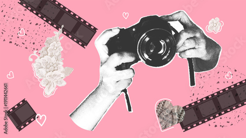 Stylish pink collage with a camera. Trendy halftone collage. Scrapbooking set, lace, camera, heart. Vector illustration.