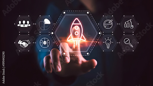 Businessman touching rocket launch icon with business strategy icons