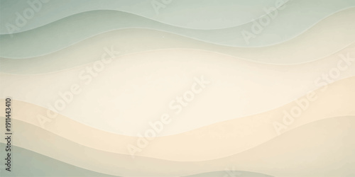 Abstract vector illustration of blue ocean waves on a sandy beach merging into a golden desert landscape with curved orange patterns under a bright summer sky