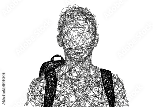 Abstract portrait of a person with a backpack made of lines.