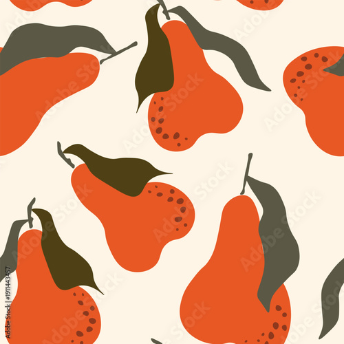 Seamless pattern with pear on color background. Natural delicious fresh ripe tasty fruit. Sweet pears with leaves. Food concept. Vector illustration for print, fabric, textile.