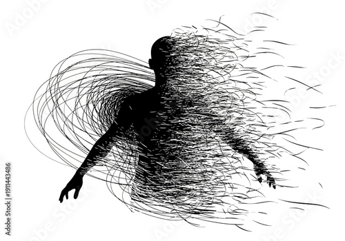 Abstract Silhouette of a Person Dissolving into Swirling Lines.