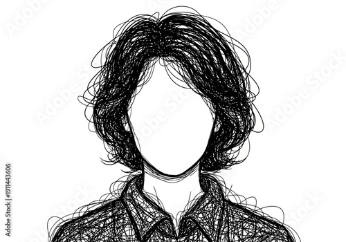 Sketch of a person with messy hair and a collared shirt.