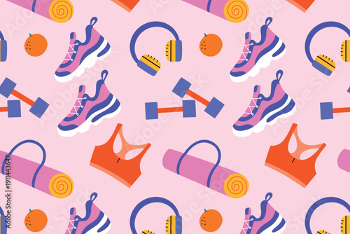 Fitness pattern with female sports accessories on pink background, sneakers, yoga mat, headphones, sports top and dumbbells. Flat cartoon vector illustration about active lifestyle, workout routine