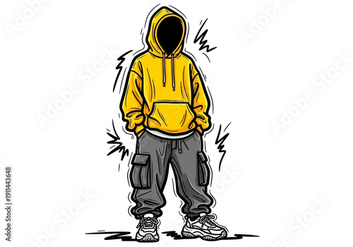 Streetwear Fashion Character Yellow Hoodie and Cargo Pants.