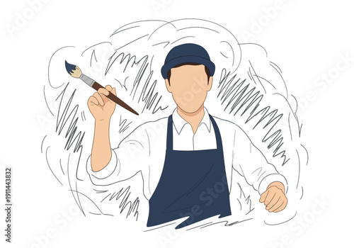 Artist holding a paintbrush ready to paint.