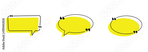 Set of text box with black quotation mark are used for  adding text, newsletters, articles, and presentations. Textbox on yellow background.