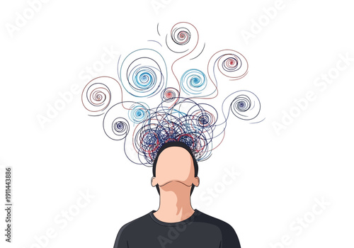Man with chaotic thoughts swirling above his head representing mental confusion and stress.