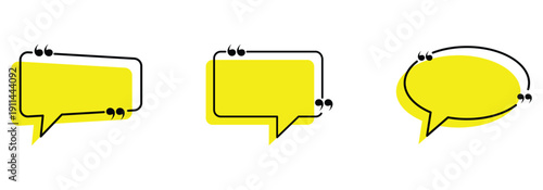 Set of text box with black quotation mark are used for  adding text, newsletters, articles, and presentations. Textbox on yellow background.