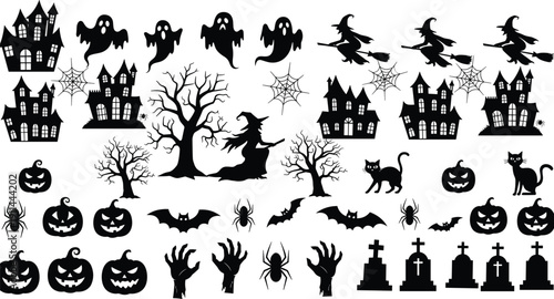 Black Halloween silhouette set including haunted houses, ghosts, witches, pumpkins, bats, spiders, and graveyard tombstones isolated on white background, spooky vector icons