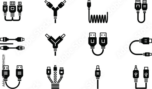 Black icon set of various electronic cables, USB connectors, power adapters, and data transfer wires isolated on white background, tech vector