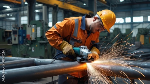 Industrial worker using a grinder on metal pipes in a factory