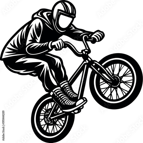 A BMX rider performing a stunt mid air. 