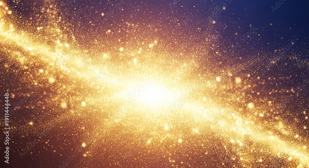 Fototapeta premium A dynamic, iridescent overlay featuring sparkling golden dust and bright glowing particles creating a magical abstract background texture, glowing, glittering, design