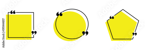 Set of hand-drawn yellow background quote boxes with black  outlines. Oval, and square frames with quotation marks for text or testimonials, message template and various design projects.